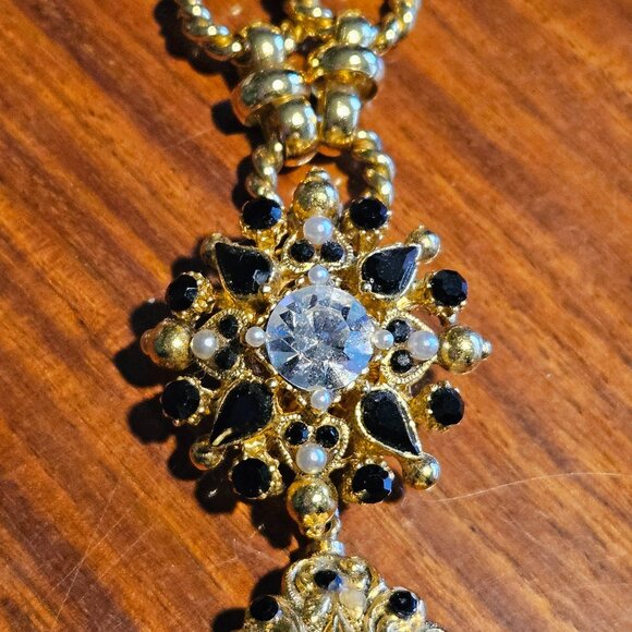 HOLIDAY RUNWAY STATEMENT JOSE & MARIA BARRERA BLACK CRYSTAL GOLD NECKLACE STRAND - Picture 3 of 8